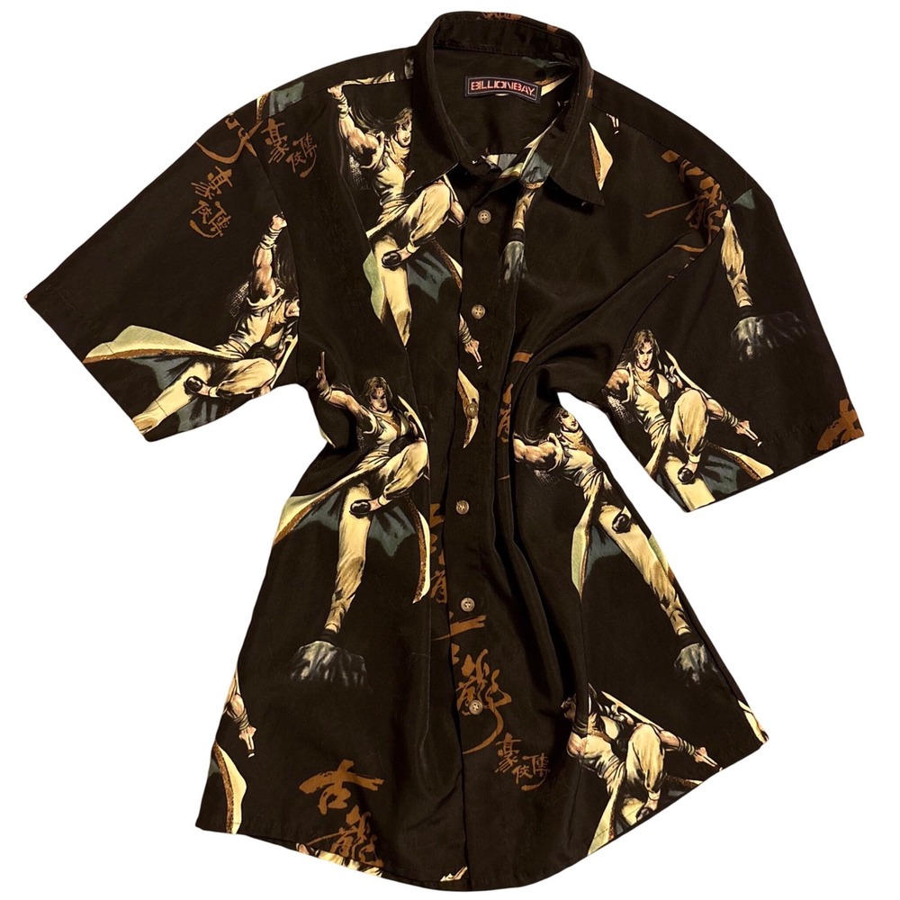 BILLIONBAY Mens XL Anime Fighter Button Up Shirt Short Sleeve Black Polyester